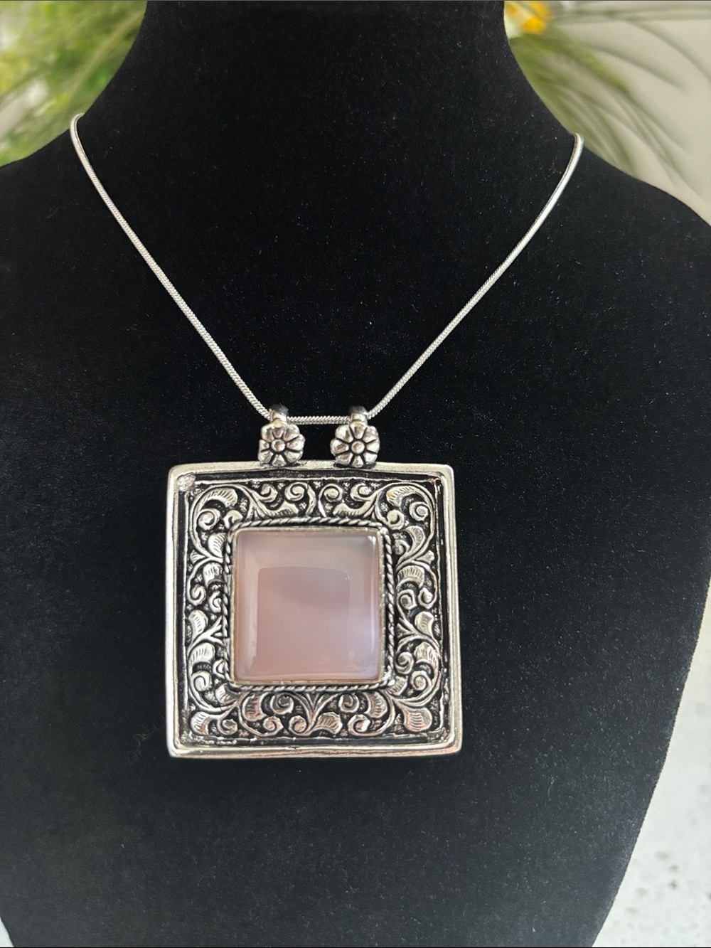 Sterling Silver Square Rose Quartz Gemstone Pendant Necklace